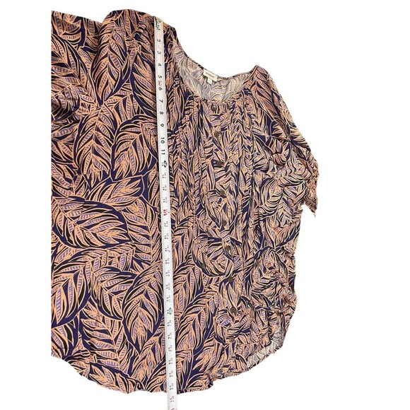 Avenue Women’s 26/28 Blouse Navy Tan Leaf Print Roll Tab Sleeve Viscose Boho Top - Picture 7 of 12
